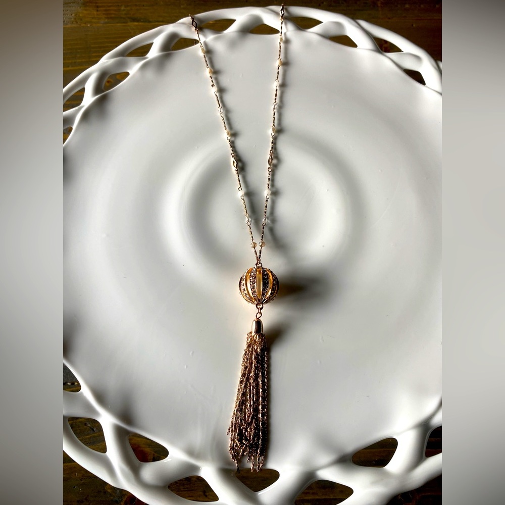 Ann Taylor 33 inch Rose Gold Tassle necklace with pearls and crystal